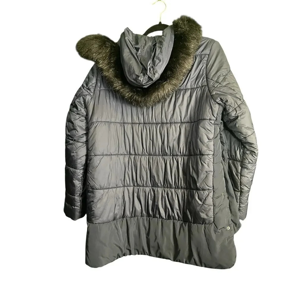 Isaac Mizrahi Live! Puffer Coat w/ Faux Fur Trim Hood Dark Navy Women Size M - Picture 8 of 12